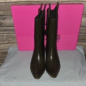Corkys Crocodile-Embossed Heeled Boots in Brown